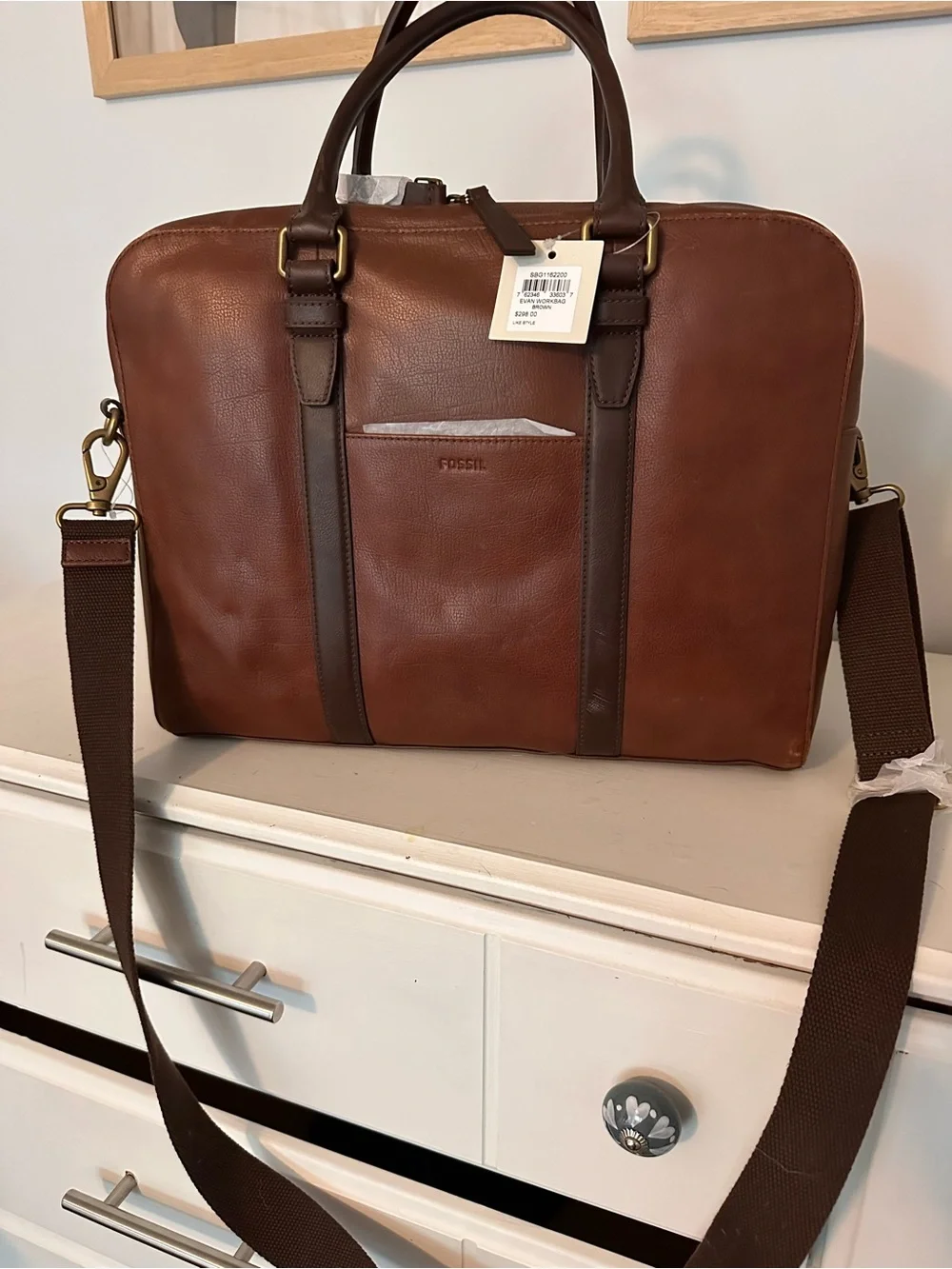 Fossil Brown Leather Laptop Briefcase with Dark Brown Accents